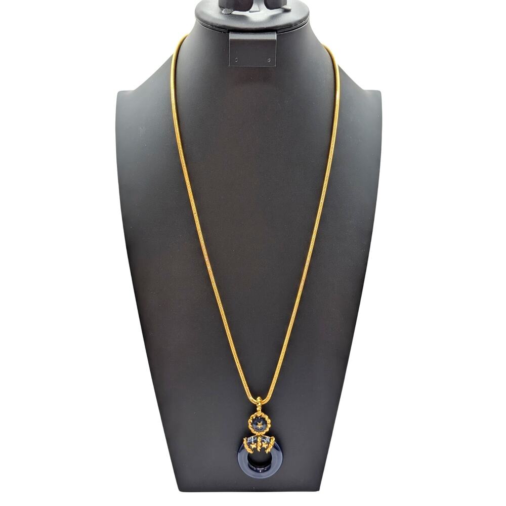 Nautical Navy Enamel Life Preserver Pendant Gold Tone Long Snake Chain Necklace